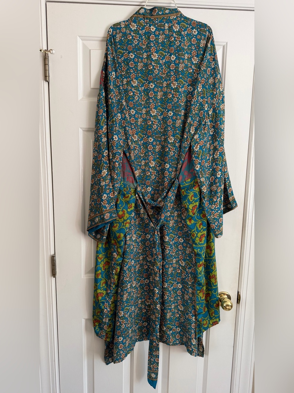 KANTHA BAE teal brown floral silk kimono OS - Picture 4 of 5